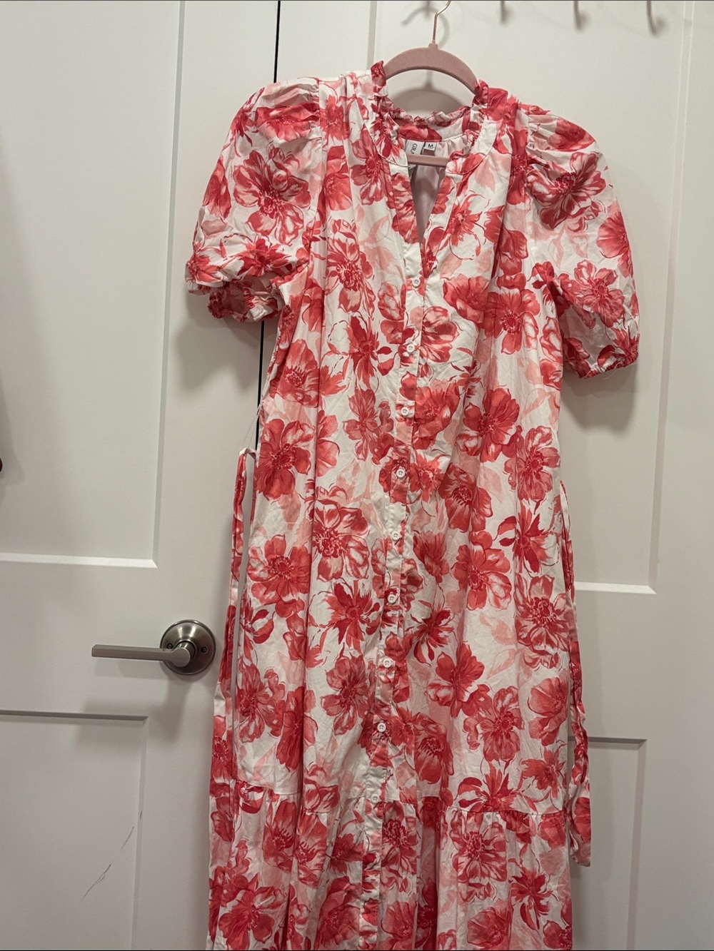 Pink Floral Button-Front Maxi Dress with Puff Sleeves